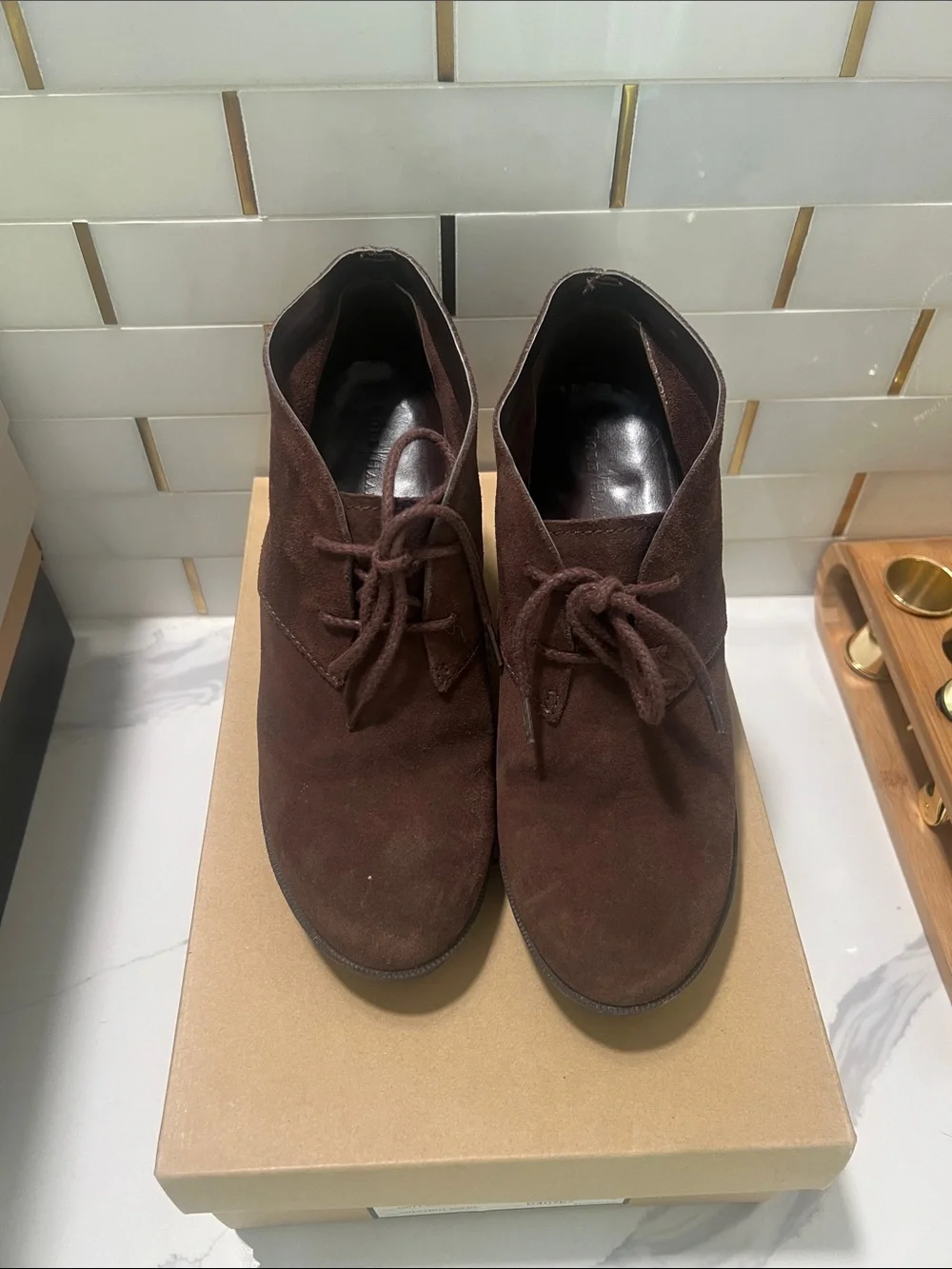 Cole Haan Chestnut Suede Wedge Bootie - Dark Brown
